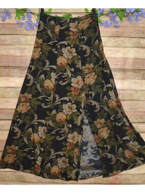 Vintage 80's First Option S Maxi Skirt Side Slit Tapestry Look Floral Pull On